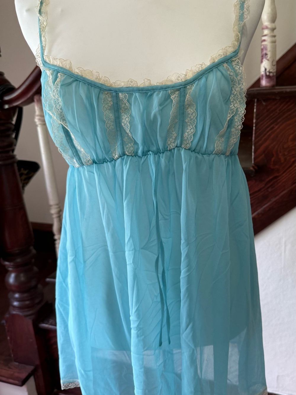 Delicate Y2K Light Blue Victoria’s Secret Lace-Trim Babydoll Nightdress